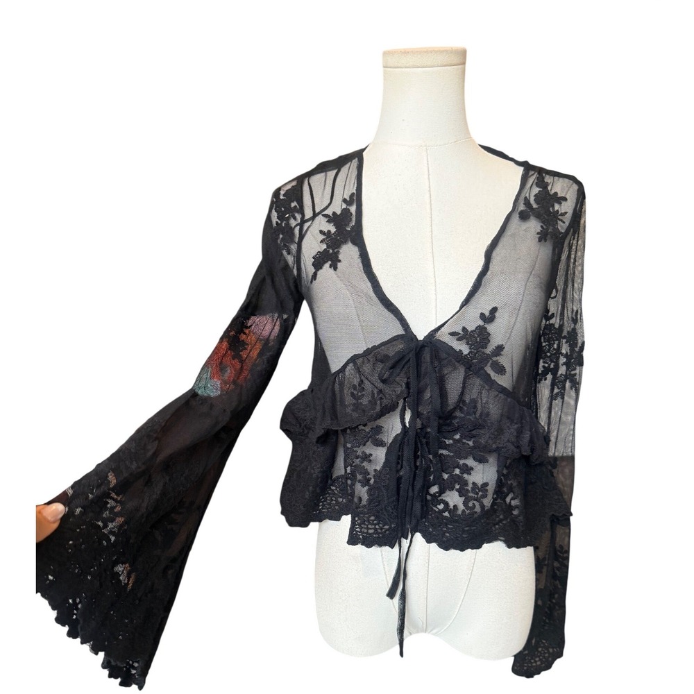 Sheer Lace Embroidered Whimsigoth Cardigan Top Size S Flare Sleeve Fairy Grunge